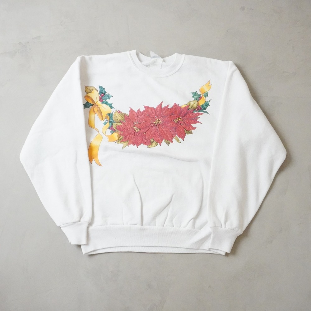 Vintage Poinsettia Christmas Sweatshirt Small White 90s Floral Holiday